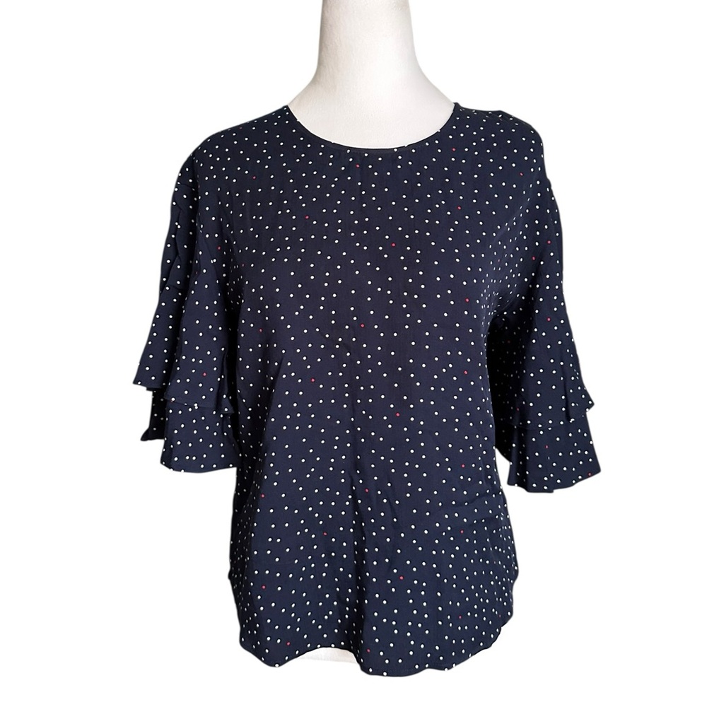 Pop Sugar Women's Red White & Blue Rayon Ruffle Sleeve Polka Dot Blouse Size M